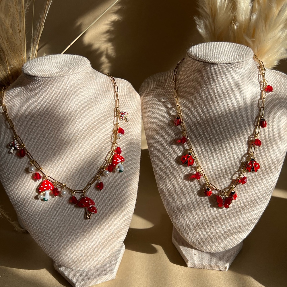 Fairycore Woodland Statement Necklace - Mushroom, Butterfly, and Ladybug Charms